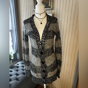 Mudd Long Striped Cardigan Sweater Size M Gray Black Button Front Y2K Knit